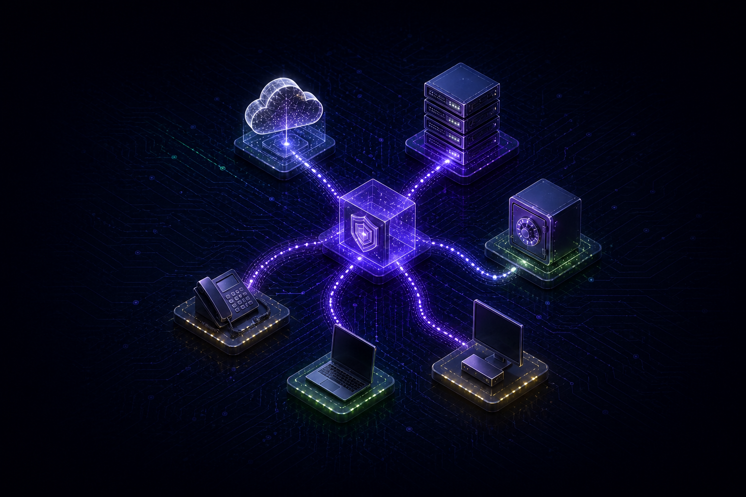 Abstrakte vernetzte IT-Infrastruktur mit Cloud, Firewall, Server, Backup, Telefonie und Arbeitsplätzen